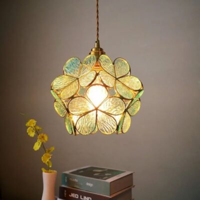 Suspension florale en verre bleu